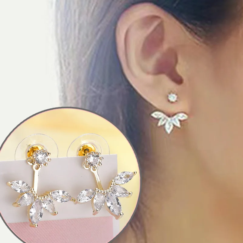 

925 Sterling Silver Zircon Leaf Flower Stud Earrings for Women Fashion Jewelry Gift Party