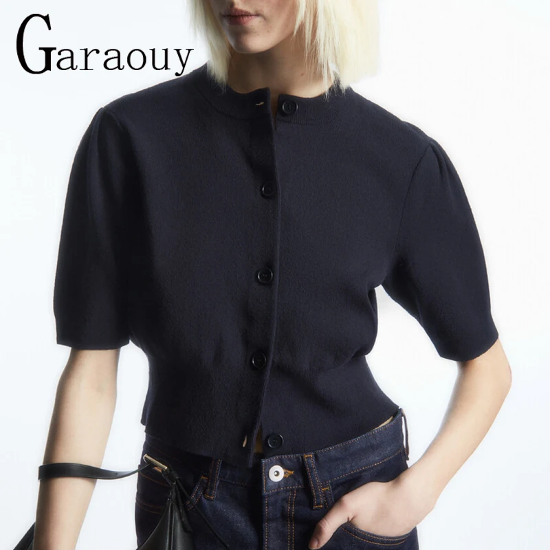 

Garaouy 2023 Summer Women's Knit O Neck Short Sleeve Single Breasted Cardigan T-shirt Female Elegant Commute Short Tops Sweater