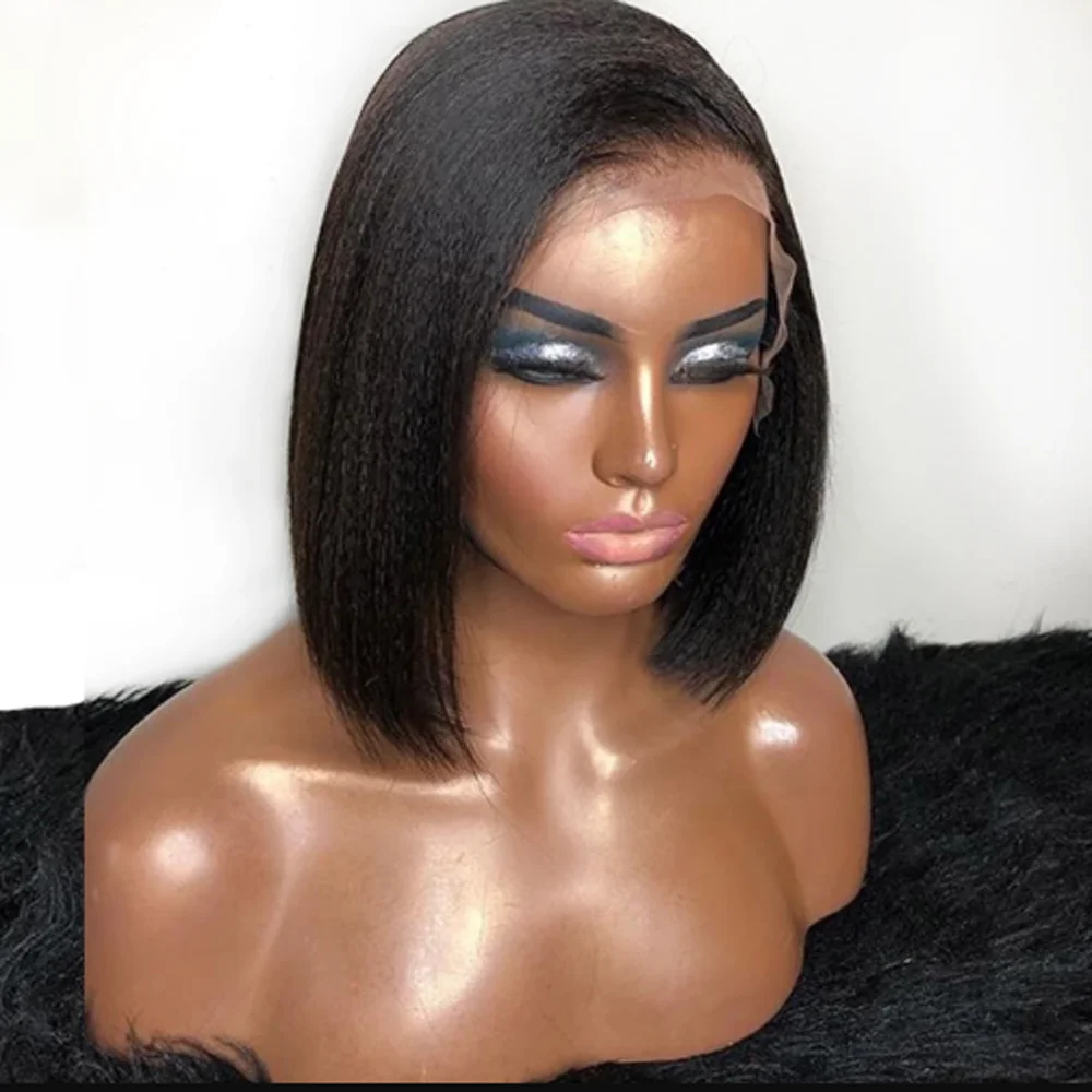 Yaki Soft Free Part Snythetic13x6Lace Front Wig For Women Blunt Short Bob Kinky Straight Natural Black Babyhair Daily Wig