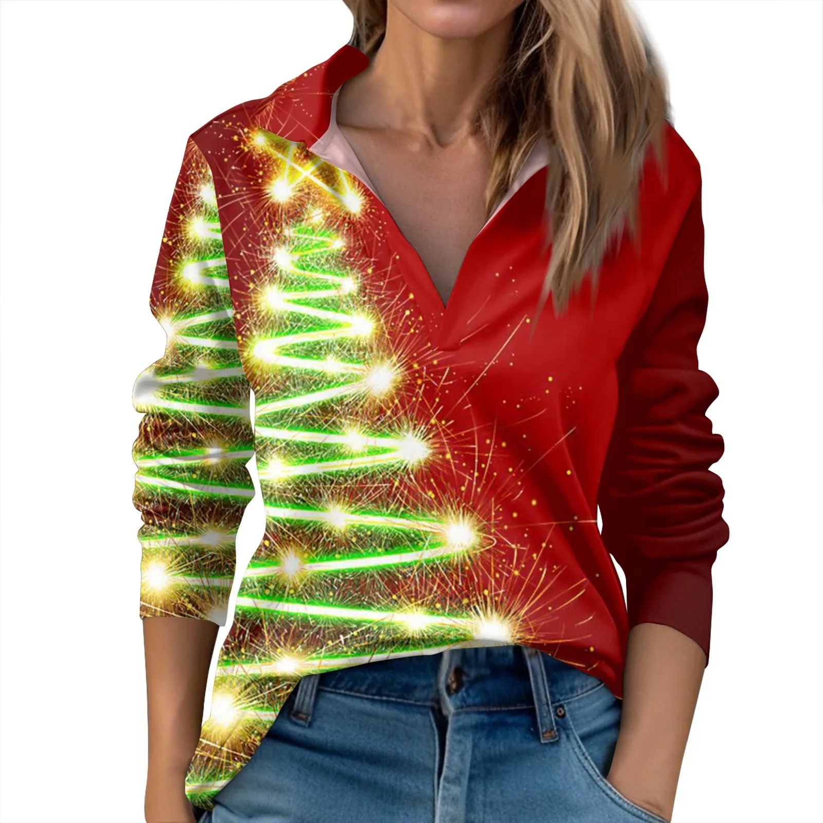 

Comfortable Pullover Oversized Spring Office Lady Basic Top Casual Fashion Chirstmas Printed Long Sleeve V-Neck Lapel Tops