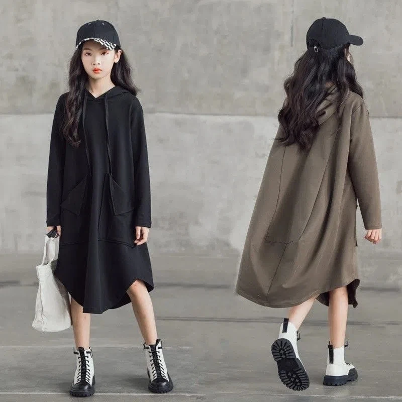 

6-15 Years Teeanger Girls Long Sleeve Dress Kids Hooded Solid Casual Dresses for Girls Fashion Irregular Dress Girl Clothing8 12