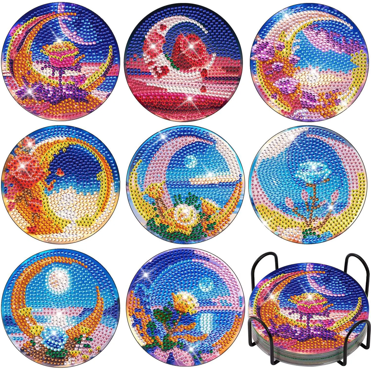 

8Pcs DIY Diamond Painting Coaster Ornament Moon Flower Drink Cup Cushion Diamond Embroidery Kit Xmas Kitchen Decor