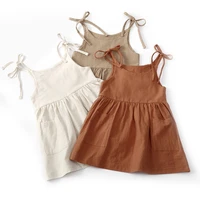girls summer solid color cotton linen pocket sling dress lace up childrens sling dress