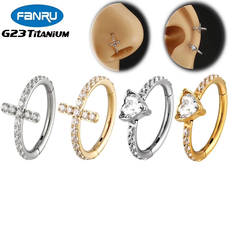 

16G Piercing Women's Cartilage Earrings G23 Titanium Nose Ring Clicker Helix Conch Hinged Segment Cross CZ Ear Piercing Jewelry