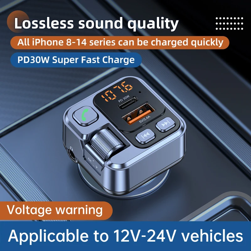 

New FM Transmitter Handsfree Car Bluetooth 5.1 MP3 Player Stereo Car FM Modulator PD30W Quick Charge Car Aux Bluetooth Adapter