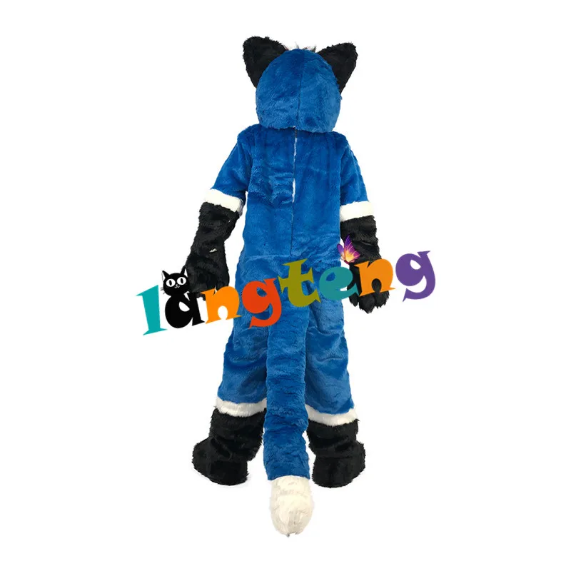 Синий волк лиса собака костюм талисмана карикатура фурсьют проп высококлассные наряды ходячий пушистый костюм зверь хэллоуин вечеринка наряжаться.
