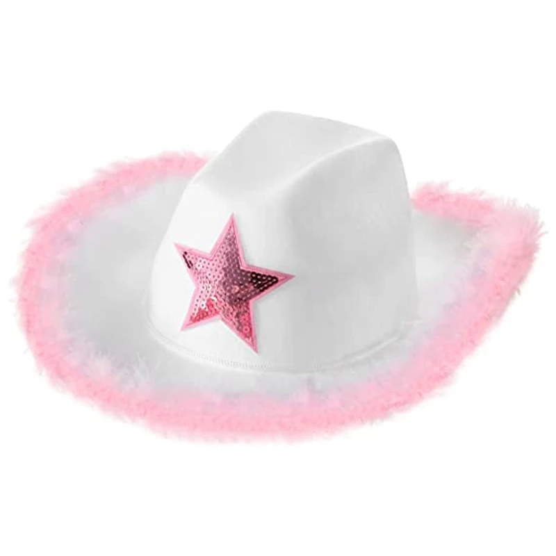 

Pink Feather Cowgirl Hat Women Bachelorett Performance Cowboy Hat Party Props
