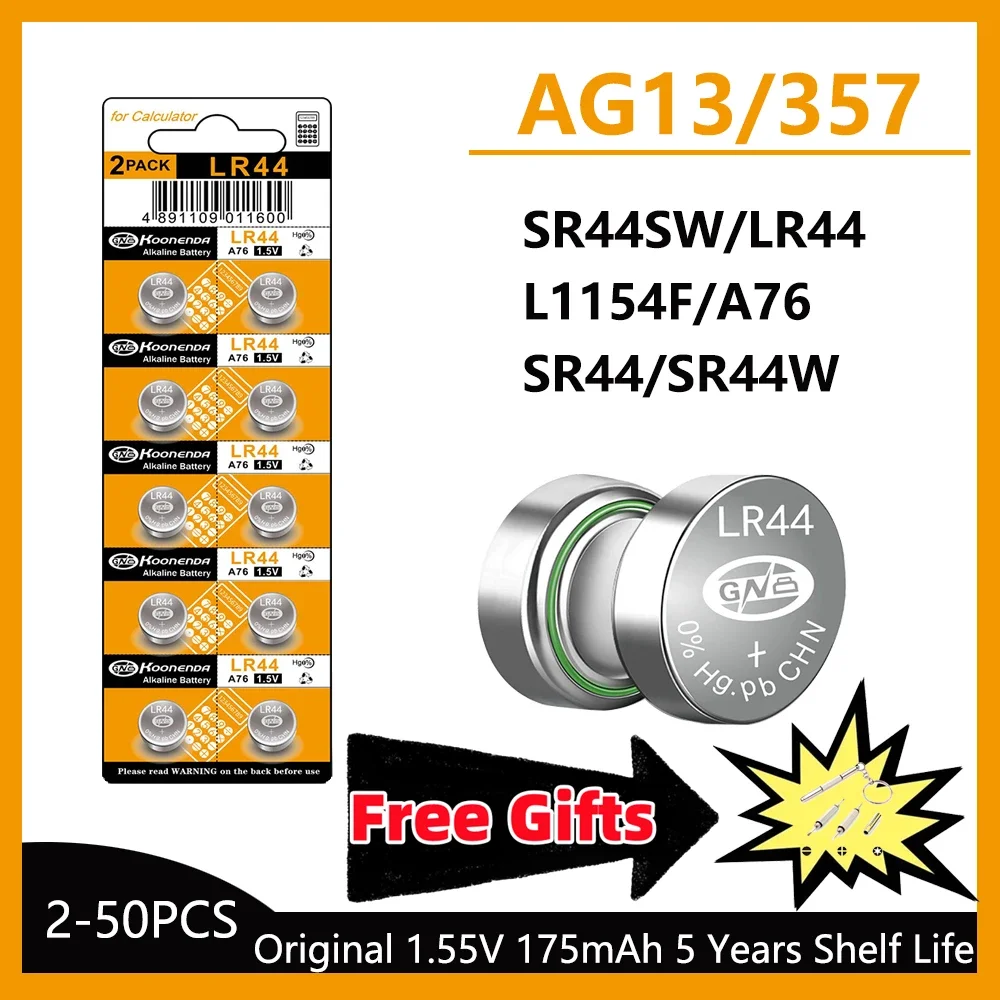 Фото 5-50 шт. батарейки LR44 большой емкости L1154F AG13 SR44 A76 щелочная батарея премиум-класса 1,5 В кнопочный батарейка типа «таблетка» для калькулятора №1