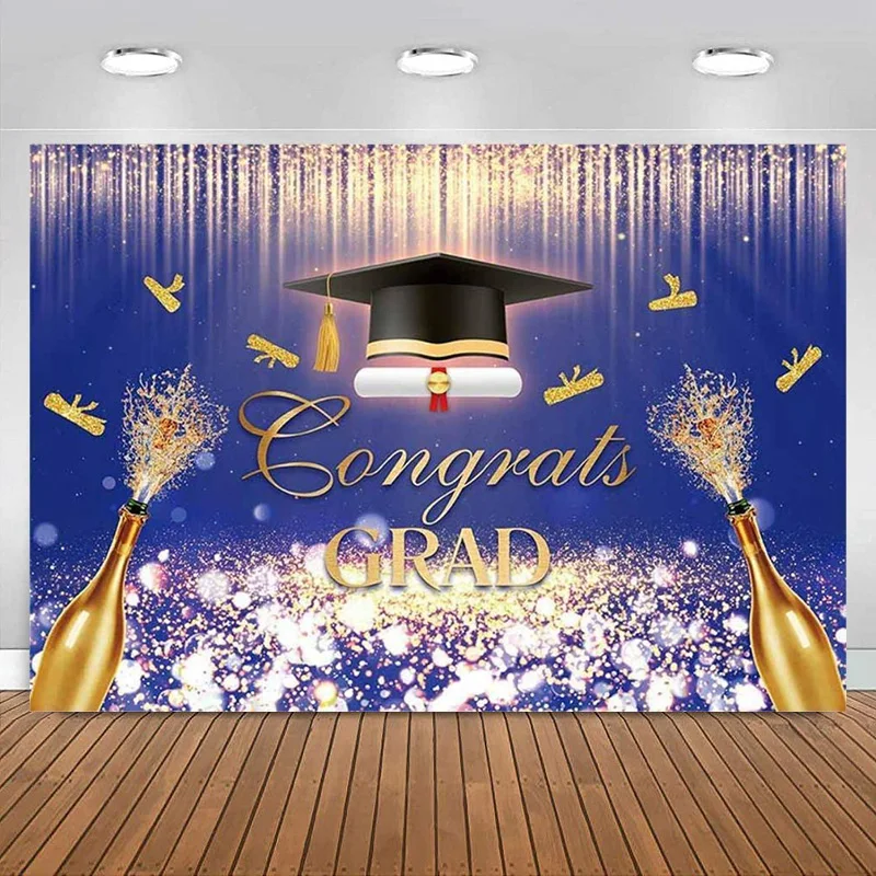 

Congrats Grad Backdrop Blue Gold Glitter Decorations Class of Congratulate Graduation Prom Party Banner Photography Background