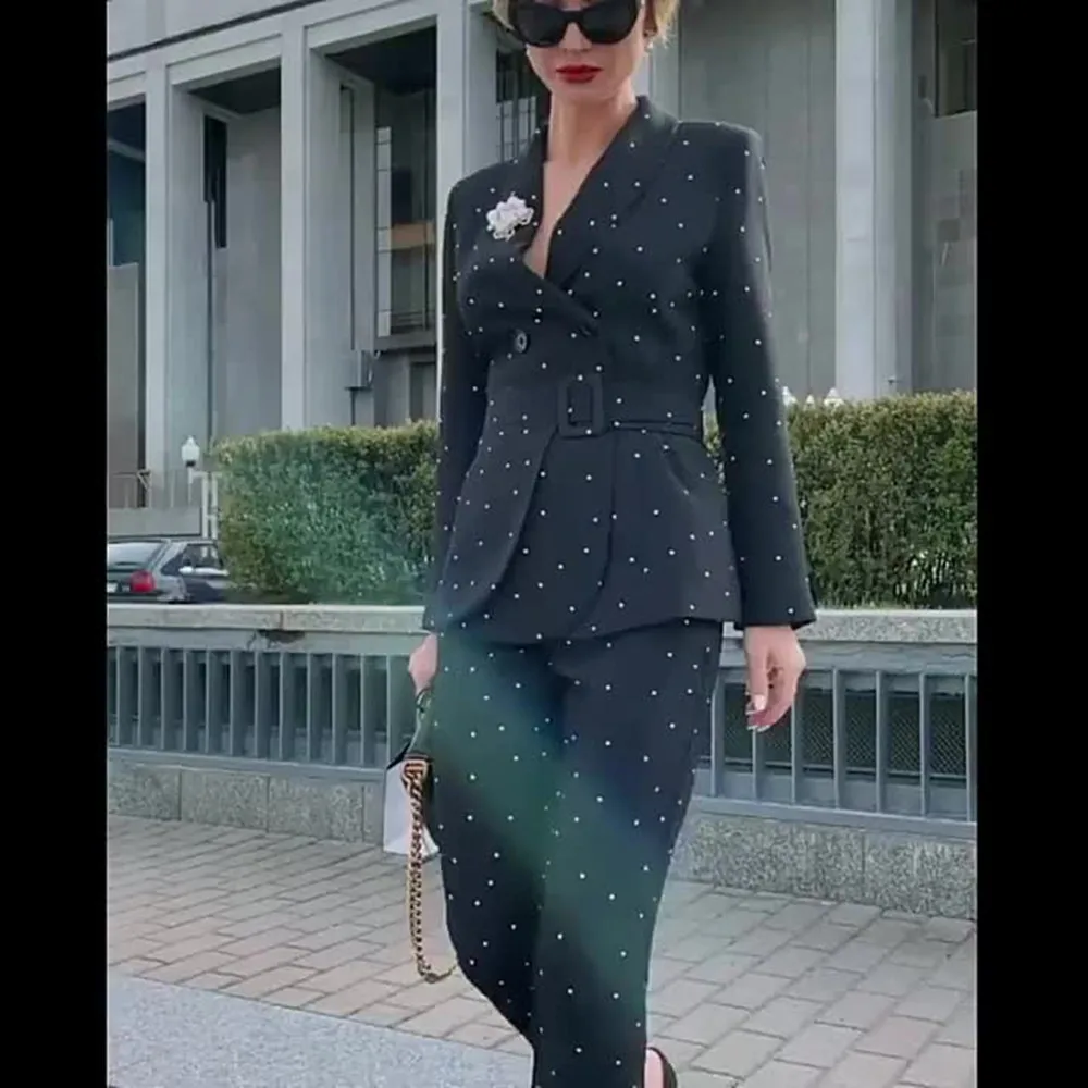 Women's Elegant Blazer Pant suit Black Red Polka Dot Long Sleeve With Belt Work Office Female Casual Jackets 2 Pieces Set