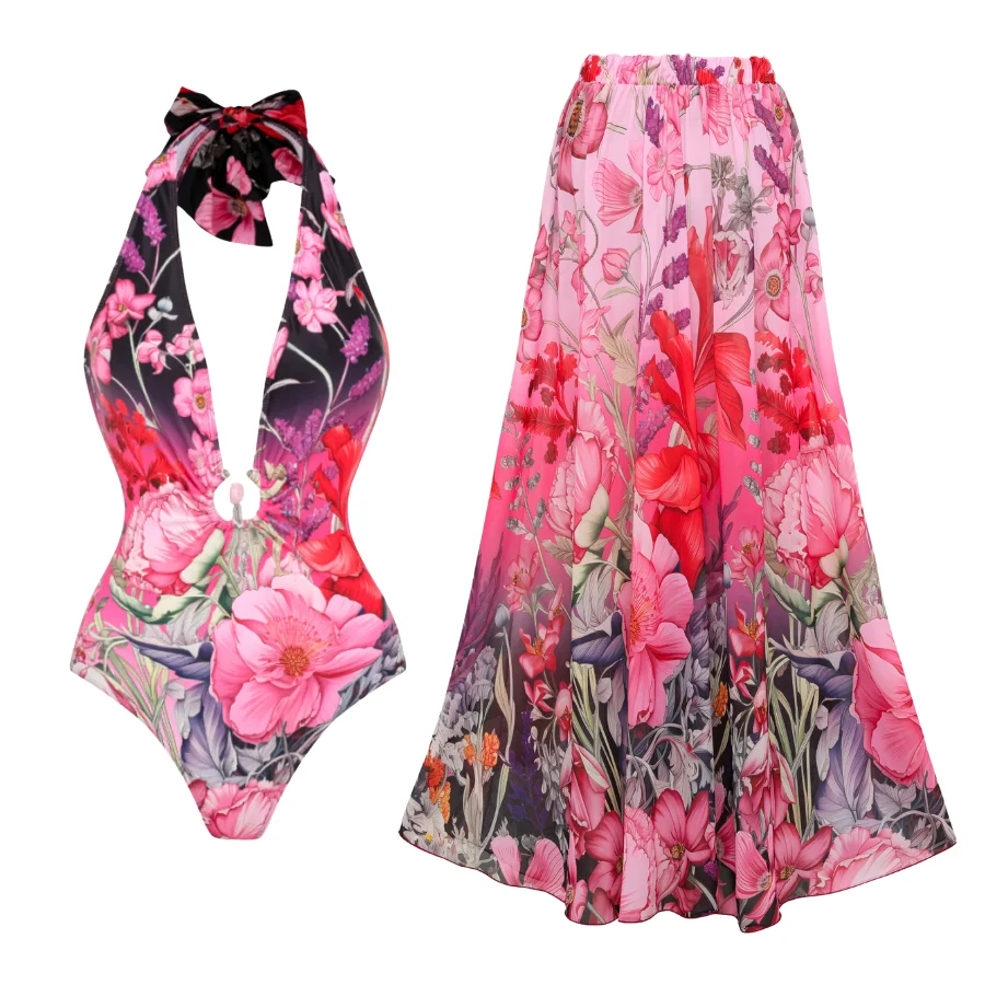 Слитный купальник с V-образным вырезом и цветочным принтом 2024