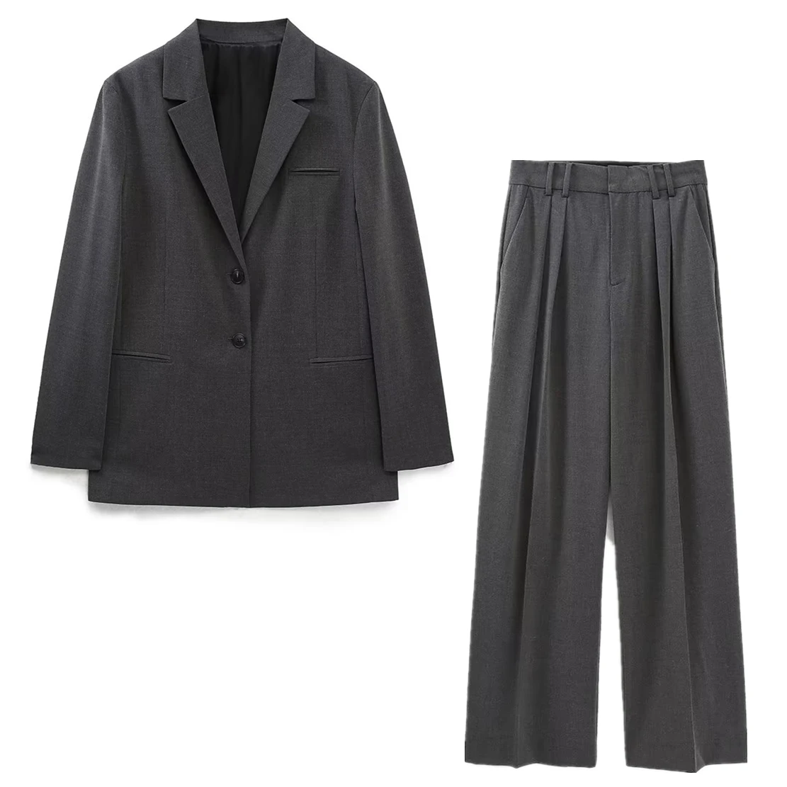 

Elmsk Pleated Casual Pants Suits Two Pieces Sets Fashion Vintage Loose Grey Color Blazers