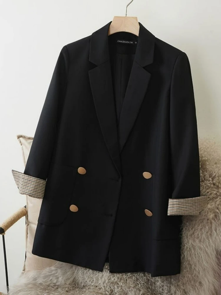 

Insozkdg Spring Autumn Office Lady Loose Blazer Long Sleeve Plaid Splicing Design Blazer Double-breasted Jacket Women Clothing