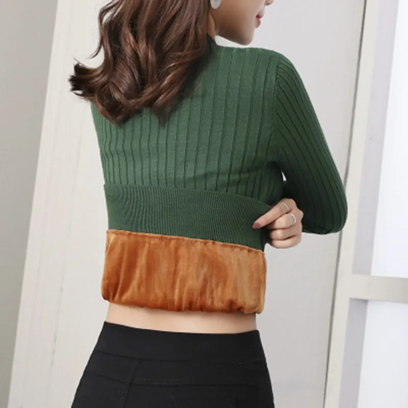Women's Fleece Sweater Winter Long-sleeved Thickening Warm All-match Knitted Sweater Slim Fit Thin High Elastic Top Women