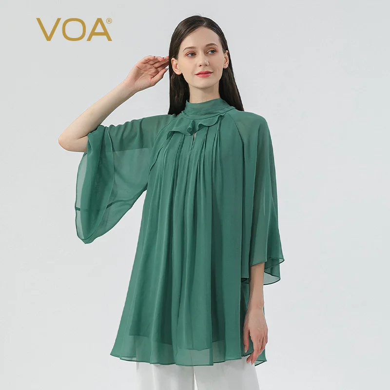 

VOA Bean Green Double Layer Georgette Silk Half Turtleneck Flared Three-quarter Sleeve Umbrella Loose Mulberry Silk Top BE1198