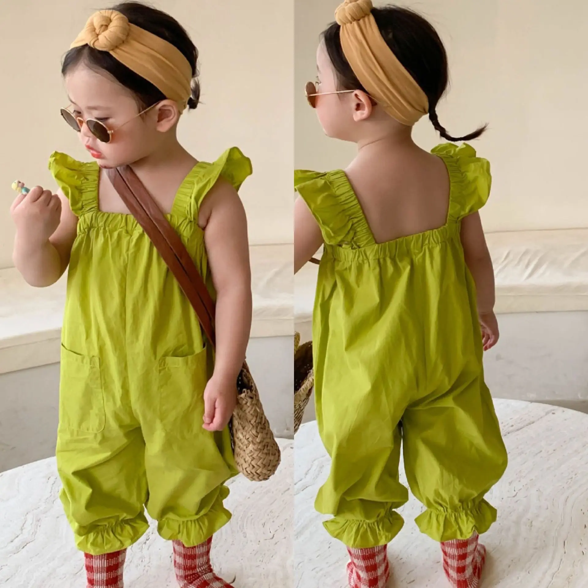 

Children's JumpsuitSummerGirls' Sweet Lace Pants Crawler Children'sClothing High Waist Pure Color Suspender Pants Loose and Cute