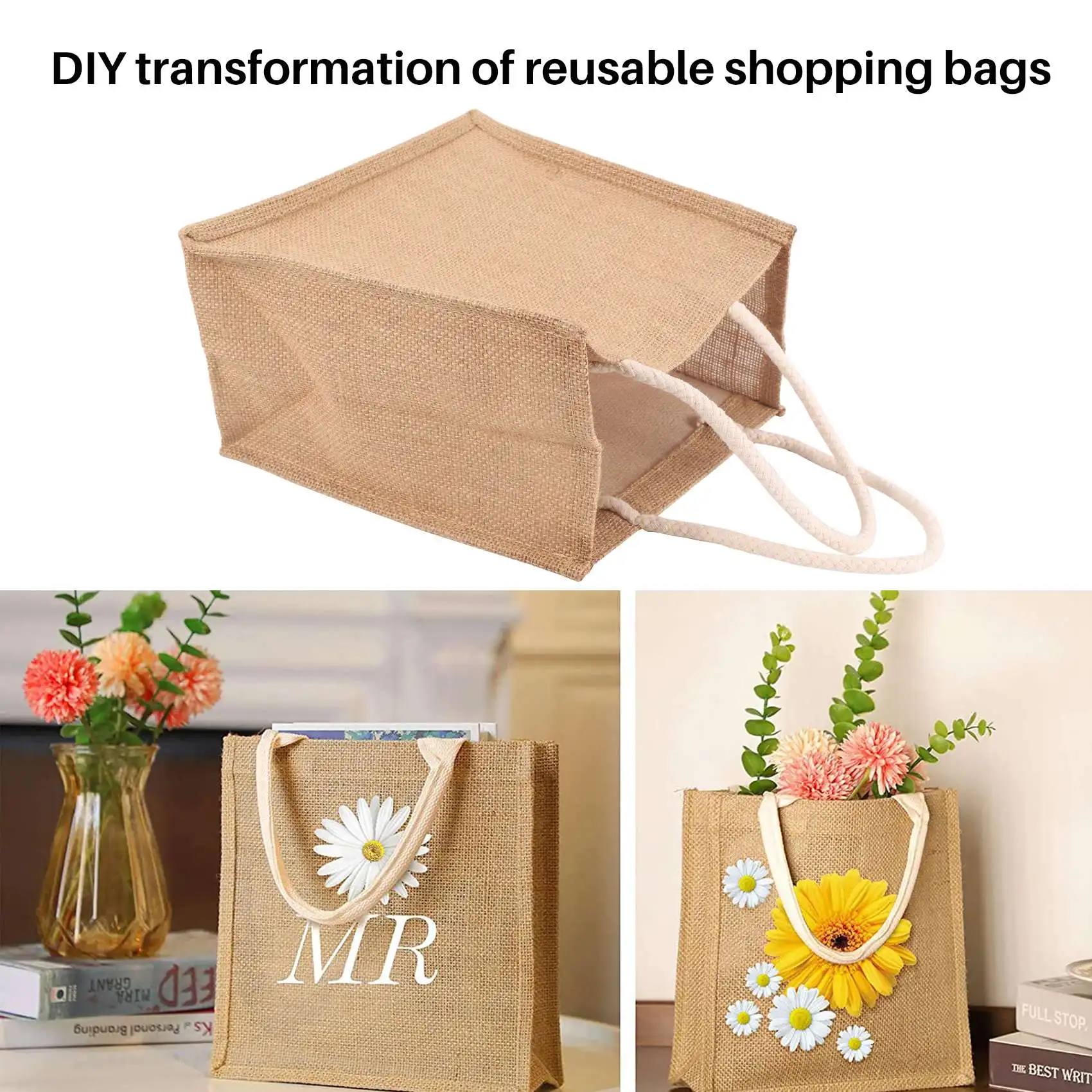 

Jute Burlap Tote Large Reusable Grocery Bags with Handles Women Shopping Bag DIY Eco-Friendly Shopping Bag, M