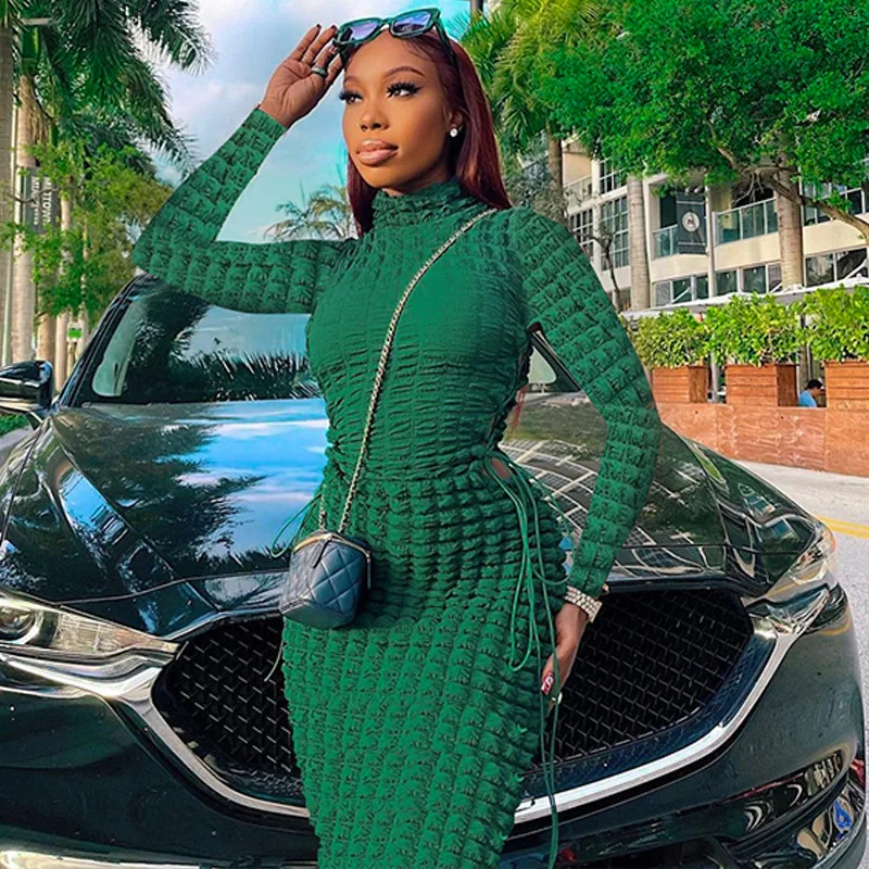 

Waffle Lace High Neck Long Sleeve Dress Elegant Green Wedding Wear 2022 Winter New Sexy Popcorn Side Hollow Club Bar Dress