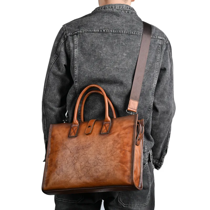 Men Vintage Genuine Leather Briefcase Handmade Cowhide Laptop Handbag Casual Male Shoulder Messenger Bag Fashion Tote Bag