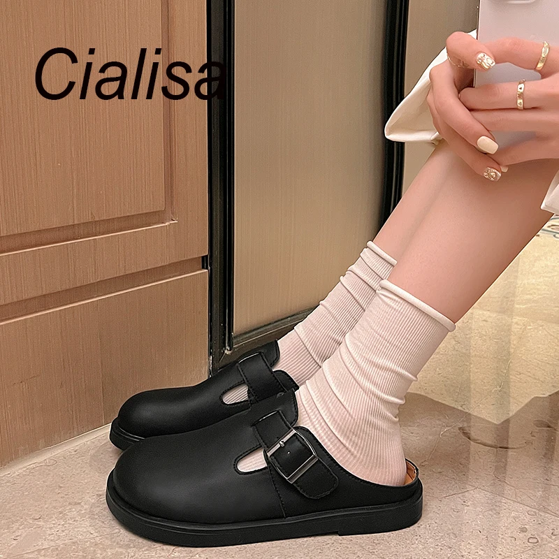 

Женские мюли из натуральной кожи, с круглым носком, на плоской подошве