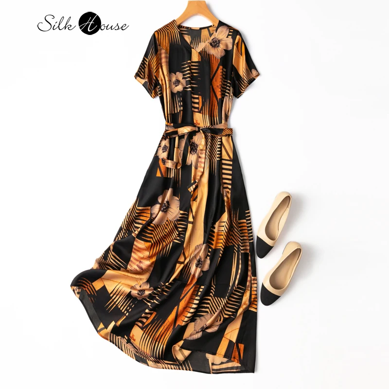 

Natural Mulberry Silk 22mm Elastic Double Qiao Satin Printed Silk Lengthened Comfortable Dress V-neck Fashionable Women's Dress