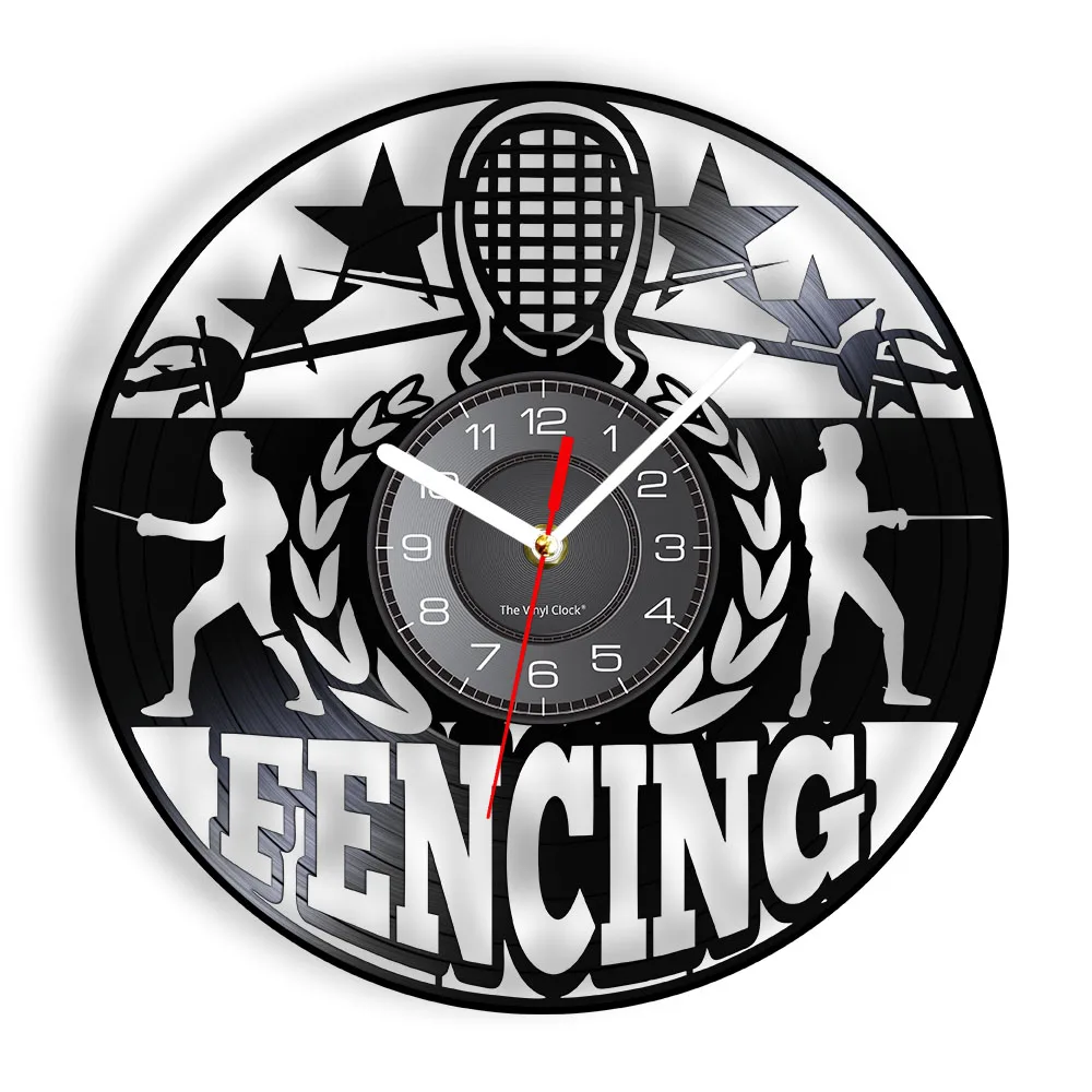

Fencing Modern Wall Clock Made of Vinyl Album Record Fencing Suit Helmet Sword Sport LED Lighting Wall Watch Retro Artwork Decor