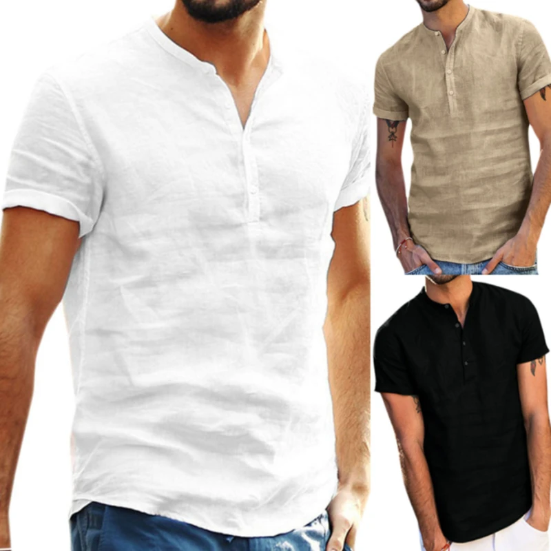 

Summer Short-Sleeved Linen Shirts Men's Casual Hip Pop T-Shirt with Stand-Up Collar Soild Short-Sleeved Shirt Buiness Shirts Top