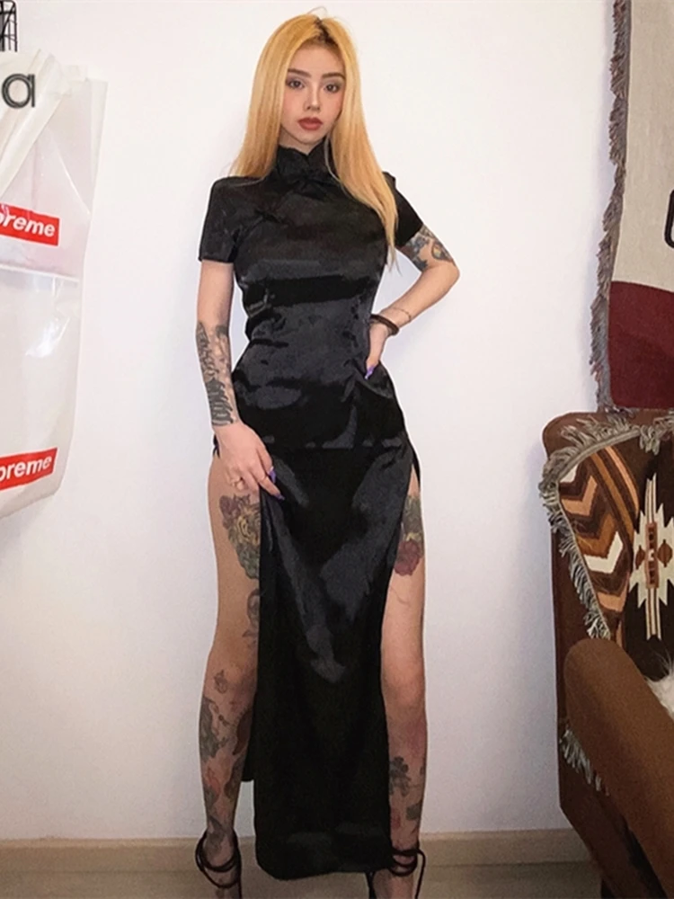 

Sisterlinda Soft Satin Traditional Chinese Mid-Calf Dresses Women Black Embroidery Elegant Split Long Qipao Club Party Gown Robe