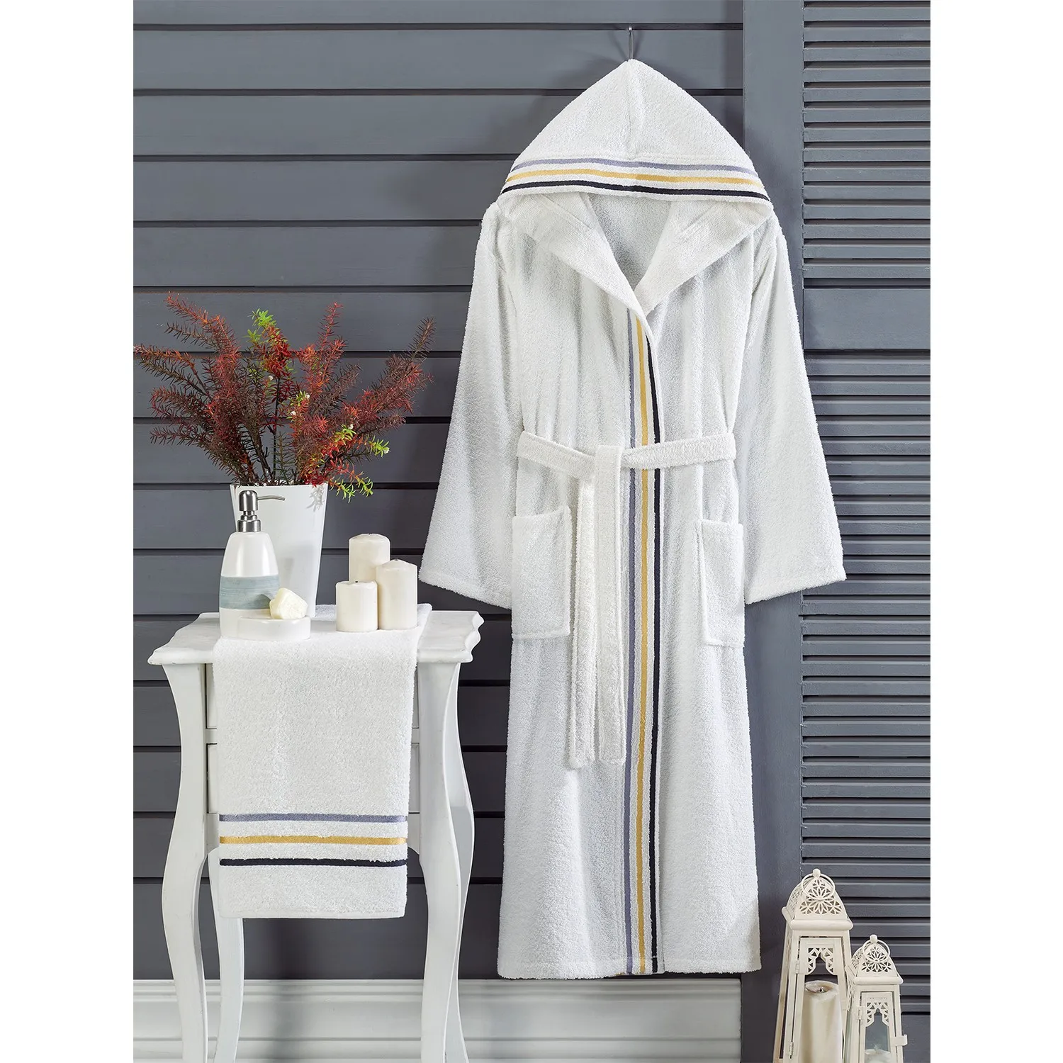 Özenev Hooded 4 Piece Family Bath Robe Set Cotton Striped Groined Soft Luxury Burgundy Mustard Comfortable Use Soft Texture