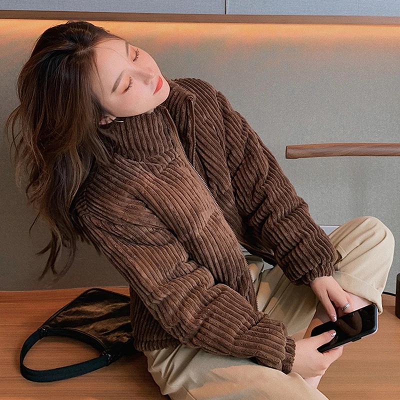 Women 2023 Stand Collar Black White Korean Style Solid Corduroy Jacket Winter Parkas Female Warm Cotton Padded Short Coats Woman