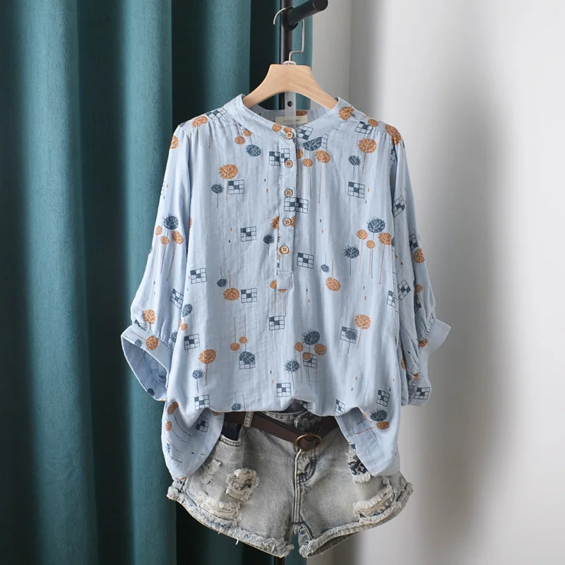 Printed Cotton Linen Women Shirts Summer Vintage 2022 O-Neck Batwing Sleeved Casual All Match Female Outwear Coats Tops enlarge