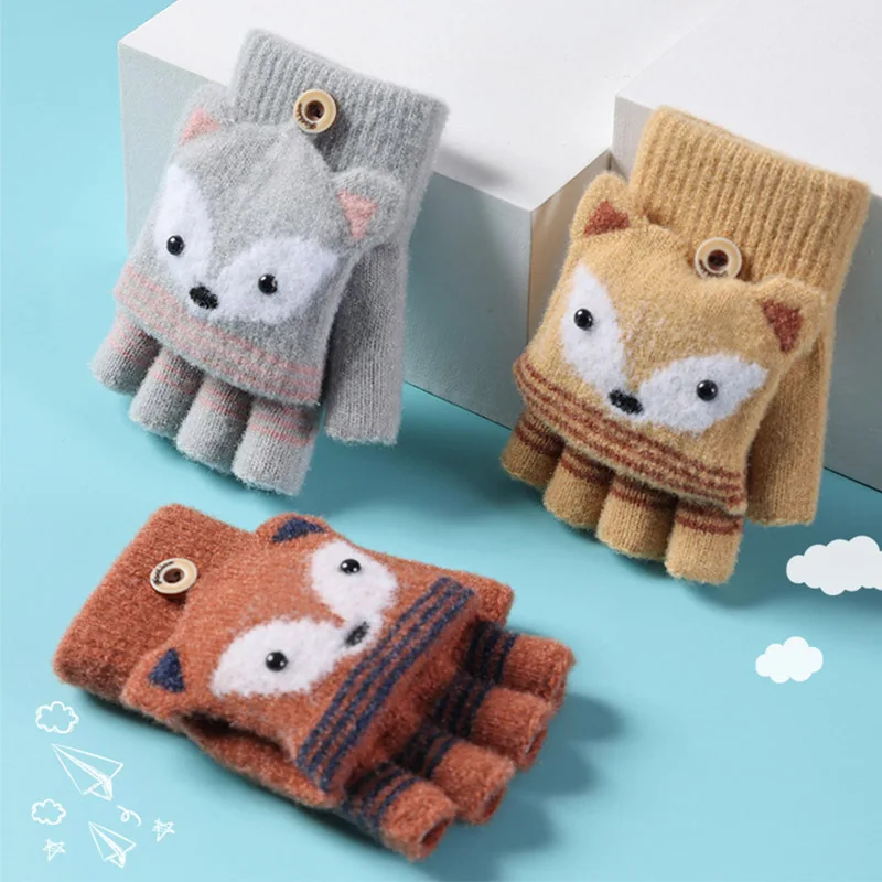 

Warm Half-Finger Mittens Children's Winter Cartoon Fox Girl Boy Kids Fingerless Gloves Knitted Thick Toddler Baby Gloves