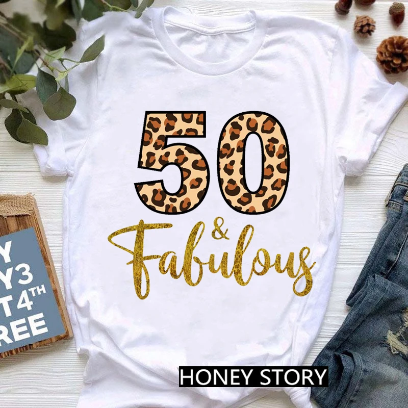 

ZOGANKI Women'S Clothing Leopard 39th-50th Fabulous Graphic Print T-Shirt Funny Tshirt Femme Summer Fashion T Shirt Female Tops