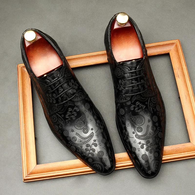 

Italy Brand Mens Formal Shoes Genuine Leather Pointed Toe Lace Up Business Wedding Shoes Brogues Black Carving Oxford Dress Shoe