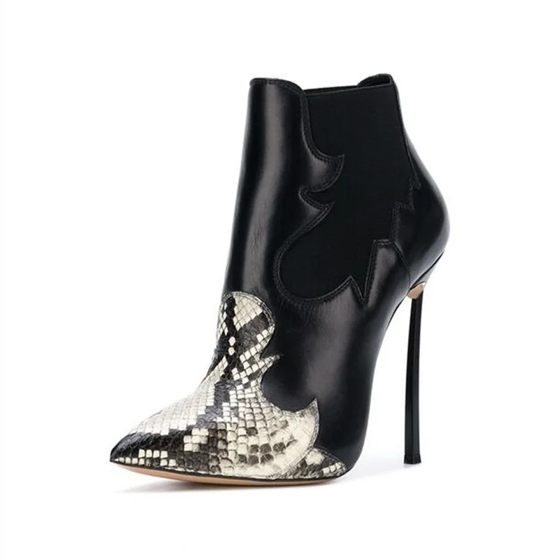 

Sexy Snake Print Leather Women Boots Ankle Pointed Toe Metal Blade Heels Rubber Boots for Women Slip-on Female Dress Shoes