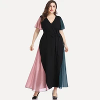 elegant fashion dresses women spring new patchwork v neck ankle length a line loose dress office lady womens plus size clothing