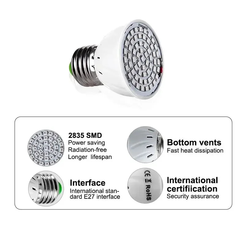 Оптовая продажа 220 В E27 60 светодиодов фотолампы для выращивания растений лампы