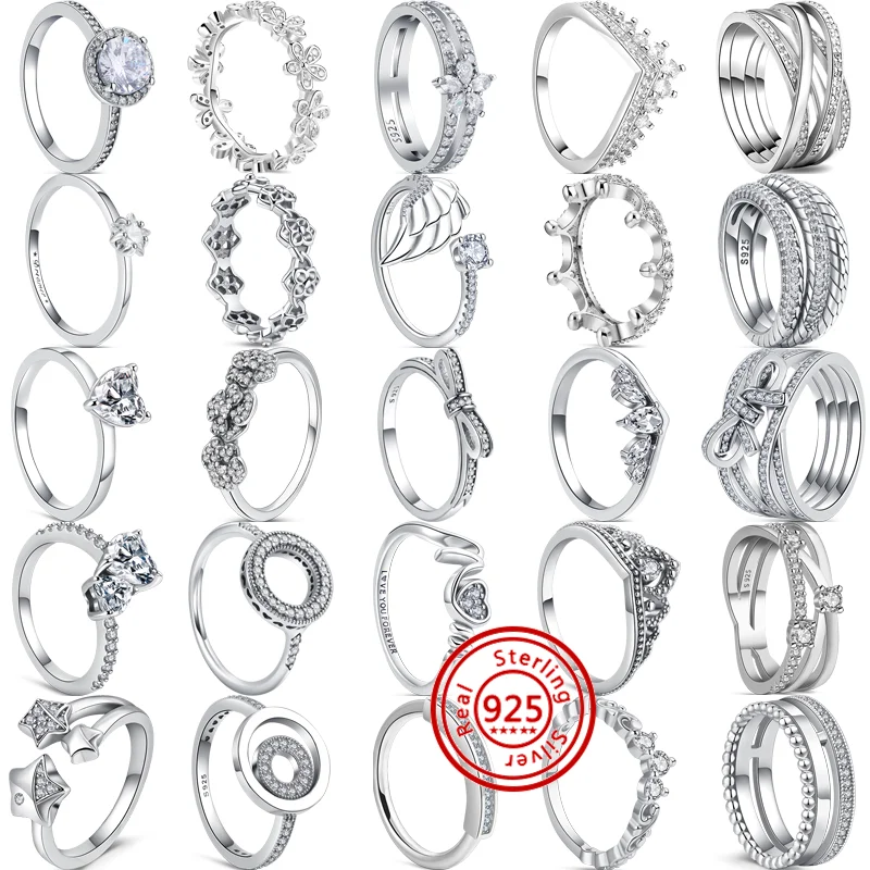 

Аутентичные искусственные серебряные кольца в форме сердца, короны, пера, цветка, банта, Многослойные блестящие кольца с фианитом, Изящные Ю...