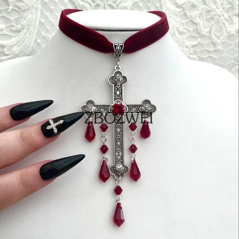 

Large Cross Choker, Red Goth Choker, Gothic Cross, Goth Cross Velvet Choker, Red Velvet Choker with Cross, Velvet Cross Choker,