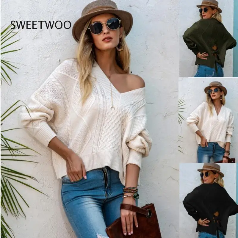 

2022 Autumn and Winter New V Neck Warm Sweater for Women Simple Casual Solid Color Sweaters Female Sexy Backless Knitted Tops