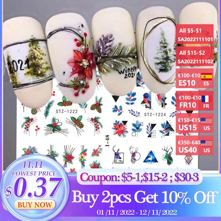 

4 In 1 Xmas Flower Nail Stickers Snowflake Cartoon Bird Santa Penguin Elk Winter Decals Slider New Year Decor Manicure SAI44-49