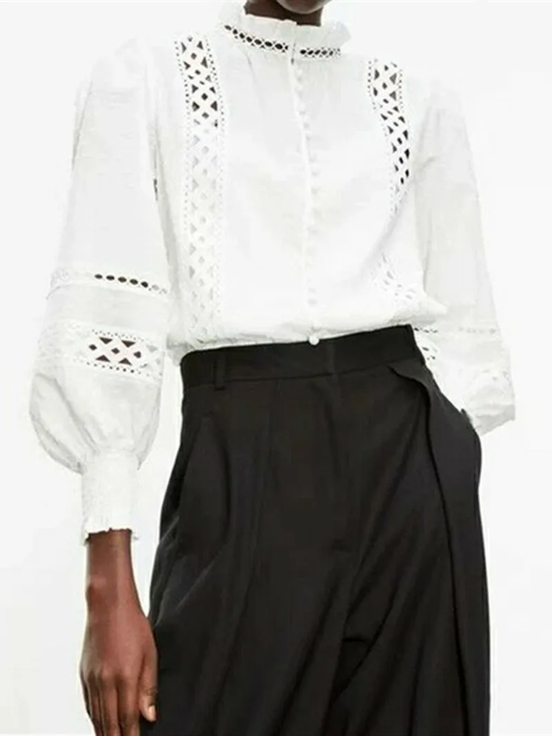 

Women's Lace Blouse Embroideried Hollow Out Laides Long Sleeve O-Neck Shirt and Top 2021 Spring Summer Sweet Clothing