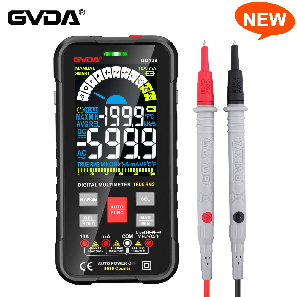 Gvda 9999 Contagens Multímetro Digital Escala Automática 1000v 10a Testador Medidor Ohm hz Capacitância Verdadeiro Rms ac dc Dmm Inteligente Multitester
