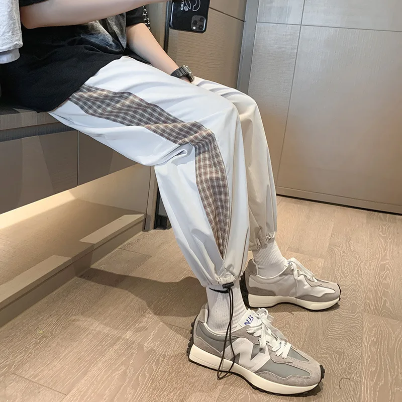

Harajuku Fashion Men Harem Pants 4 Seasons Casual Home Baggy Tactical Trousers Mid Waist Wide Leg Pants White Plaid Side Stripe