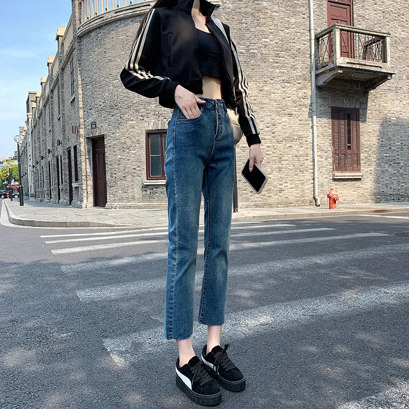High Waist Straight Leg Jeans Women Spring Summer New Trend Split Nine Minute Smoke Pipe Pants Stretch Slim Jeans Women's Pants