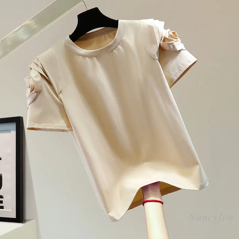 

Футболка женская хлопковая с круглым вырезом, рубашка с коротким рукавом, с цветочным принтом на плечах, модный топ в Корейском стиле, однотонная, лето 2023