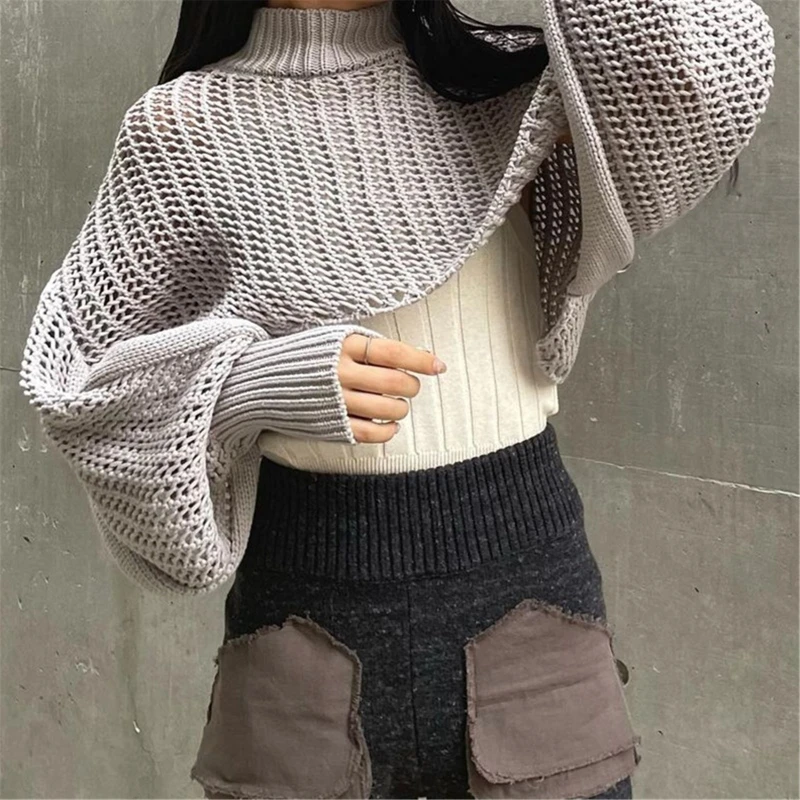 

Women's Knit Tops Fashion Hollow out Jumper Solid Half Turtleneck Crop Pullovers Chic Lantern Sleeves Smock Cover Ups