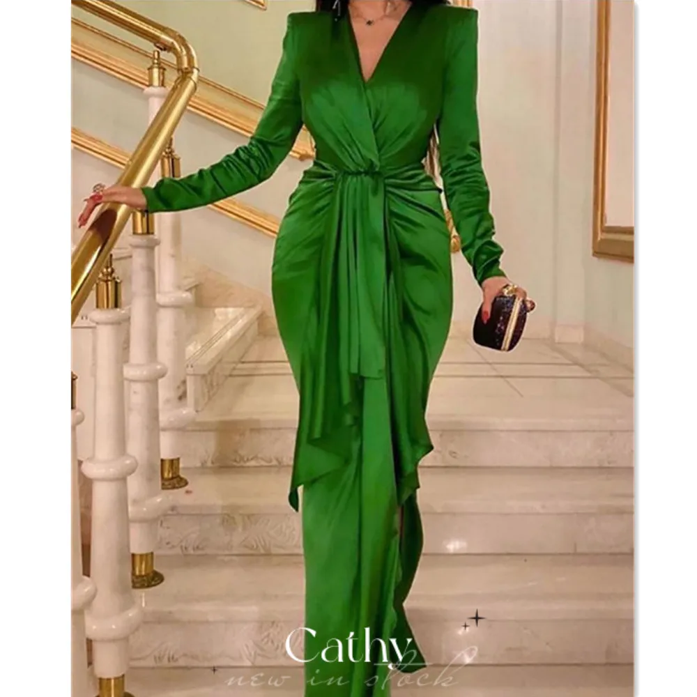 

Cathy Long Sleeve Mermaid Prom Dress Emerald Satin Trumpet ساتين حفلات Silk Satin Vestidos De Fiesta Floor Length Evening Dress