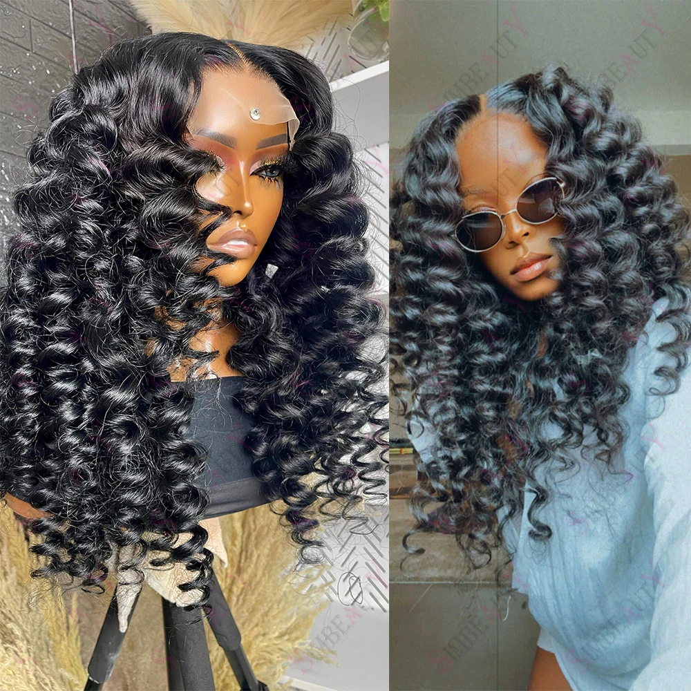 

200 Density Jet Black Loose Curly 13X6 Lace Frontal Wig Brazilian Remy 100% Human Hair Glueless 5X5 Closure Wig Bleached Knots