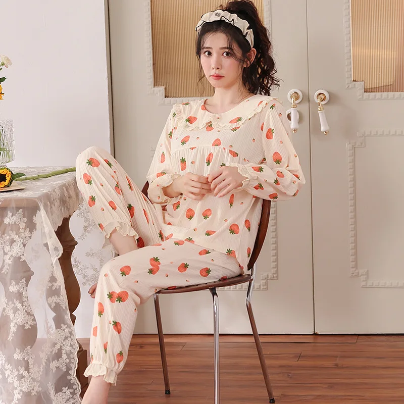 Yasuk Spring Autuum Fashion Women's Casual Print Lace Sleepwear Homewear Lovely Sweet Pajamas With Pants Soft Strawberry